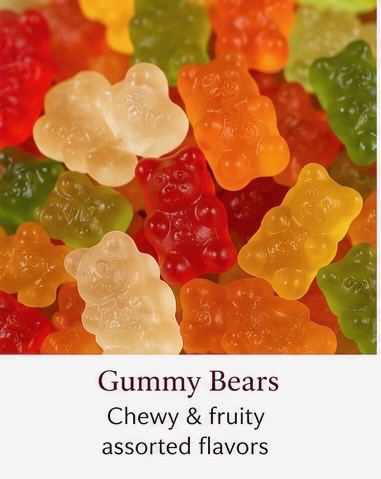 Red, green, yellow, and orange classic Halal gummy bears