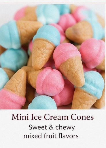 Pastel pink and blue mini ice-cream-cone-shaped Halal gummies
